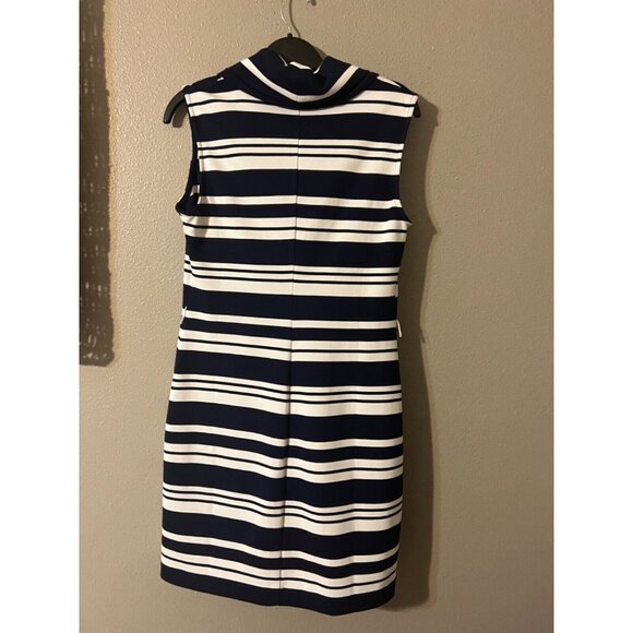 Muse Boston Proper Dress 8 Navy Blue White Stripe Collared Stretch Washable NEW - Picture 5 of 6